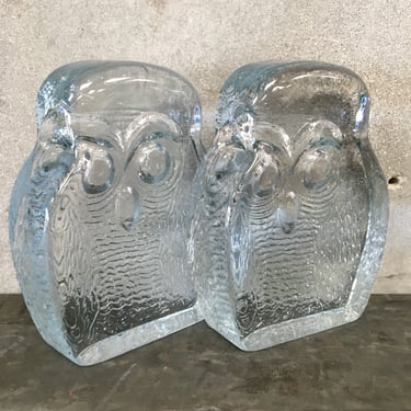 Pair of Vintage Blenko Clear Glass Owl Bookends