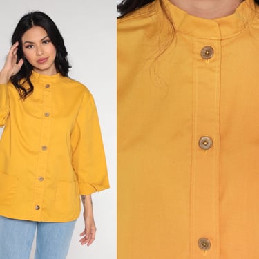 80s Button Up Blouse Yellow Shirt 1980s Vintage Plain Oxford Shirt Collared Shirt Long Sleeve Basic Cotton Blend Minimal Medium 