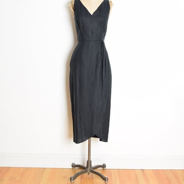 vintage 90s dress black linen sheath simple midi faux-wrap dress S 6 clothing 