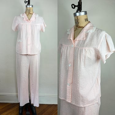 Vintage 40s Pink Cotton Seersucker Pajamas 2 Piece Set 