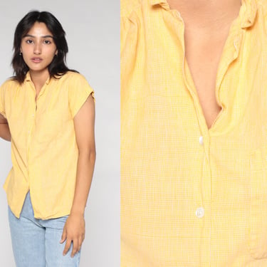 Yellow Blouse 90s Button Up Shirt Cap Sleeve Cotton Top Collared Preppy Plain Basic Retro Simple Summer Minimalist Vintage 1990s Small S 