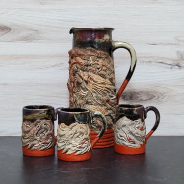 Ryosai Sumida Gawa Dragon Pitcher and Mugs - Antique Japanese Pottery 