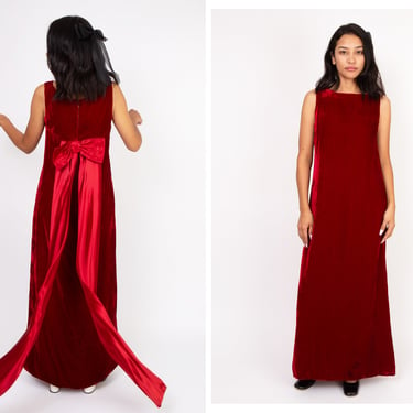 Vintage 1960s 60s Crimson Red Velvet Full Length Column Gown Dress w/ Matching Soutache Bolero & Red Satin Bow // 60s Two Piece Set 