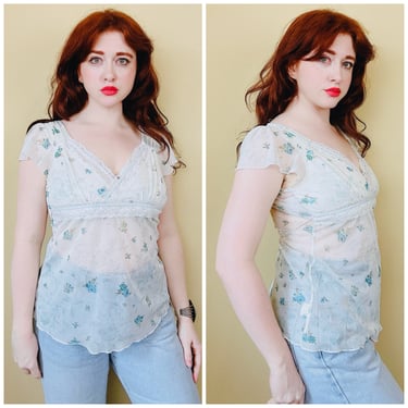 Y2K Vintage Dolled UP Sheer Mesh Blouse / Cream and Blue Rose Print Sheer Peasant Blouse / Medium 