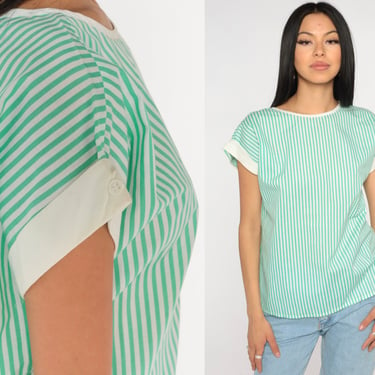 Green Striped Shirt CAP SLEEVE Blouse 80s Shirt White Casual Summer Top Vintage Slouchy Retro 1980s Basic Shirt Medium 
