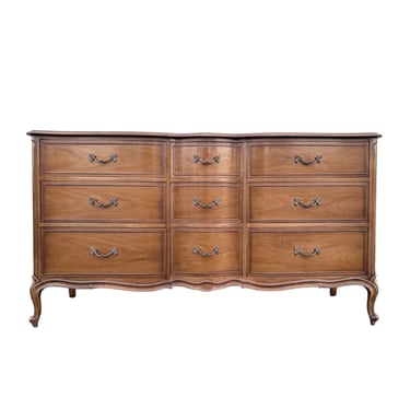 French Provincial Dresser by Drexel 64" Long - Vintage Walnut Wood Shabby Chic Country Style Furniture Triple 9 Drawer Credenza 