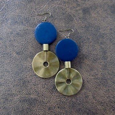 Oversized blue and bronze mid century modern earrings 