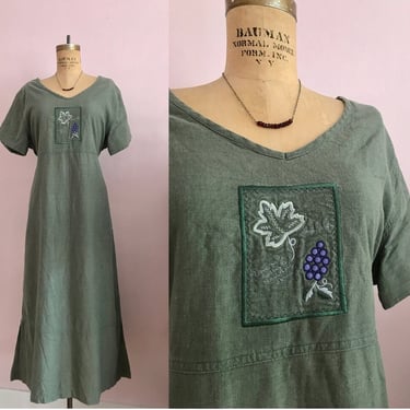 1990's Olive Green Linen Midi Dress 