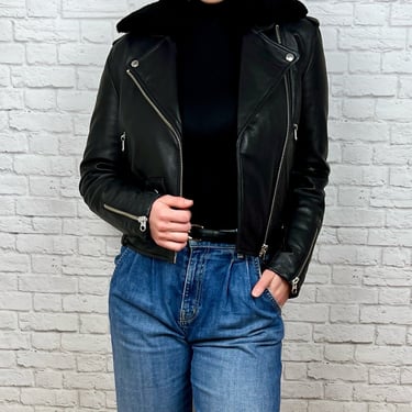 Mackage Leather Moto Jacket W/ Shearling Trim Collar, Size Small/Petite, Black