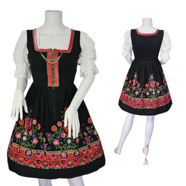 Authentic 1960's Black Cotton Austrian/German Dirndl Dress with Top I Sz Sm 