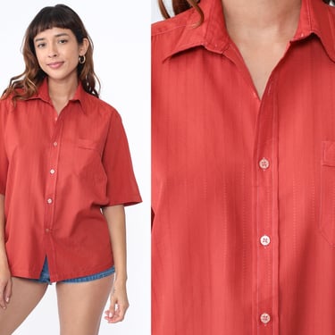 Rust Red 70s Shirt Button Down Shirt Pointed Collar Hippie Disco Top Plain Short Sleeve Chest Pocket Vintage 1970s Men's Medium 15 15 1/2 