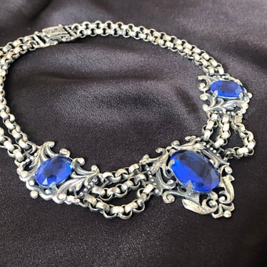 1930s Necklace - Vintage 30s Victorian Revival Czech Necklace in Sapphire Blue with Silver Tone Hardware and Cable Chain, Art Deco Choker 