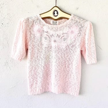Vintage 80s Embroidered Lace Cutouts Sweater 1980s Pink Floral Accent Knit Top Shirt 