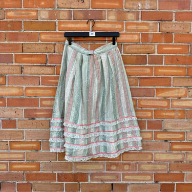 vintage 70s green square dancing floral circle skirt / 28