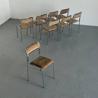 1 of 8 Bauhaus Chrome Tubular Steel and Beige Velvet Chairs / 80s Italian Modernist Stackable Dining Chairs 