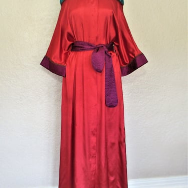 Vintage Mary McFadden Robe, Small Women, rust teal purple satin, pockets 