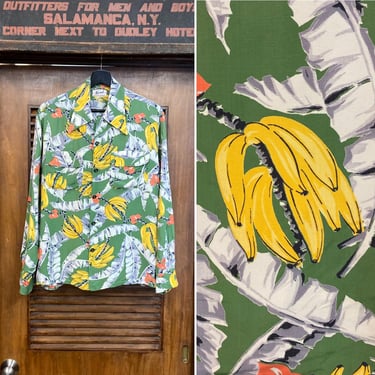 Vintage 1940’s Atomic Banana Tropical Silky Rayon Long Sleeve Hawaiian Shirt, Flap Pocket, Original, 40’s Vintage Clothing 