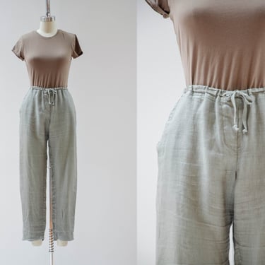 green linen pants | 90s y2k vintage sage green gray elastic drawstring waist loose baggy lounge pants 