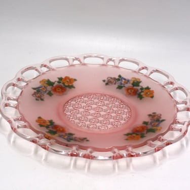 vintage pink satin depression glass plate with lace edge. reverse painted 