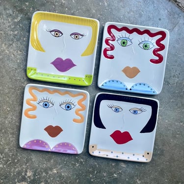 Set of Four Appetizer Salad Plates with Women’s Faces, Personality Plates 