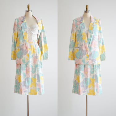 pastel floral skirt suit 80s vintage tropical floral blazer and midi skirt set 