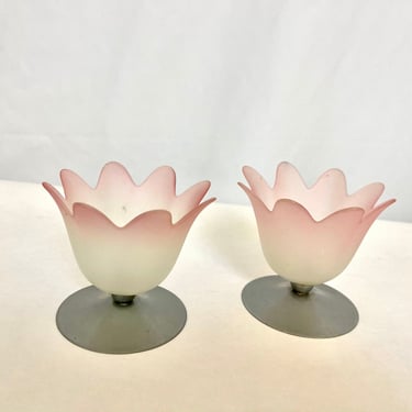 Vintage 1980s Pair of Glass and Metal  Tealight Holders 