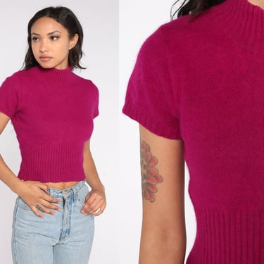 Cropped Sweater Top 80s Fuchsia Pink Angora Wool Blend Mock Neck Short Sleeve Sweater Retro Knit Shirt 1980s Fitted Sweater Vintage Medium M 