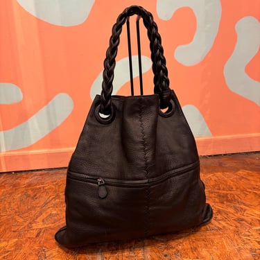 Bottega Veneta y2k Black Leather Hobo Bag with Braided Leather Straps and Zipper Pocket 