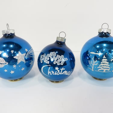 Vintage Set of Blue Glass Stenciled Ornaments - Vintage Stenciled Glass Ornaments 