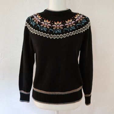 80s Black and Multicolored Rainbow Floral Sweater | Medium 