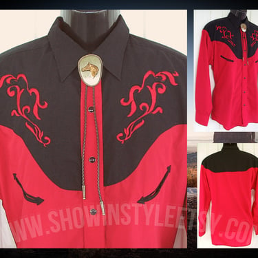Crazy Cowboy Vintage Western Retro Men's Cowboy & Rodeo Shirt, Rockabilly, Bright Red with Embroidered Designs, Approx. XL (see meas. photo) 