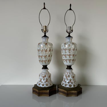 Vintage  Czech Bohemian White Glass cut to Clear Table Lamp with Brass Base - A Pair 