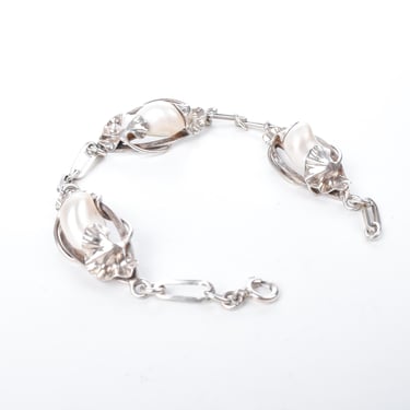 Vintage Freshwater Pearl Silver Lotus Leaf Bracelet, Sterling Silver Vine Pearl Bracelet, 7 1/4