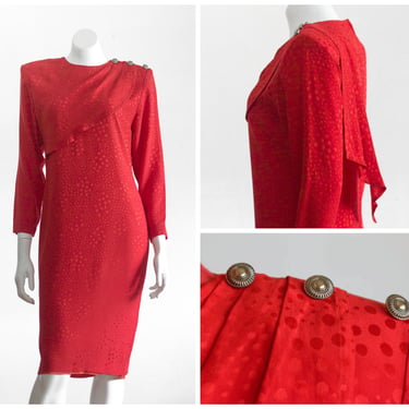 Red silk cocktail dress with draped scarf detail and red on red polka dots SIZE 6 