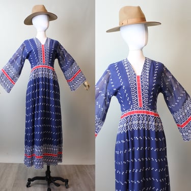 1970s EMBROIDERED bell sleeves cotton maxi dress xs | new spring 