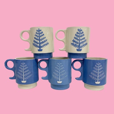 Vintage Holiday Mugs Retro 1970s Mid Century Modern + Handmade + Set of 5 + Blue and White + Ceramic + Christmas + Tree Design + Stackable 