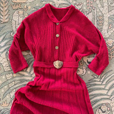 1940s Cranberry Red Knit Dress with Butterfly Buttons - Size L
