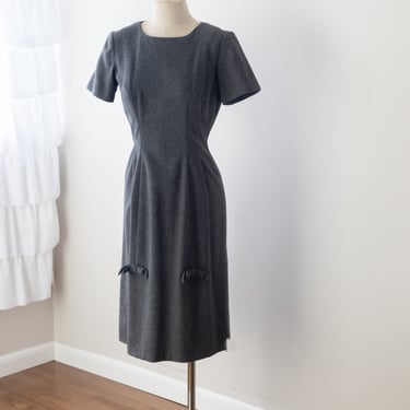 Size S/M, 1950s Charcoal Wool Pencil Dress with Bows 