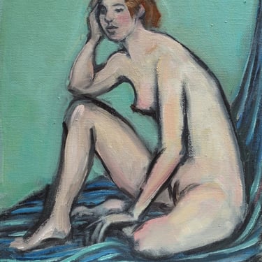 Original Oil Painting-Nude Female-Figure Study-Angela Ooghe-Striped Blanket-Seated Nude-Figure Drawing-Fine Art Nude-8x10-Art-Oil 