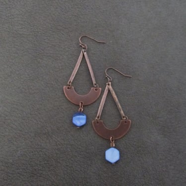 Copper mid century modern earrings, periwinkle mother of pearl 
