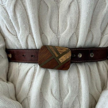 Womens Brown Oil Tanned Leather Western Roped Cowgirl Belt Wood Buckle Sz 28 