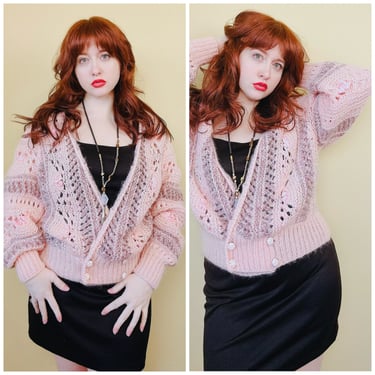 1980s Vintage Pink Open Knit Ballet Sweater / 80s Taupe Ribbon Wrap Dropped Waist Cardigan / Large 