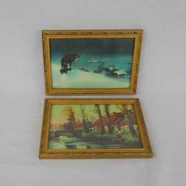 Vintage Set of Two Pretty Wooden Frames w/ Prints - Painted Gold & Black - Wolf in Snow, Cottage on River - 4" x 6" w/ Glass 