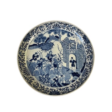 Chinese Blue & White Porcelain Horses Warriors Display Charger Plate ws3094E 