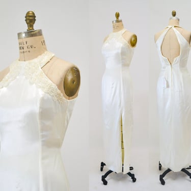 90s 00s Vintage White Cream Satin Evening Gown Prom Dress Wedding Dress Jessica McClintock Small Medium Cream White Gown Dress Satin 