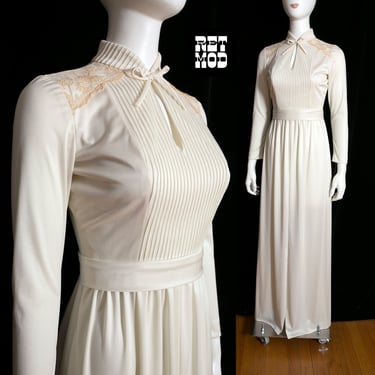 Chic Vintage 60s 70s Off-White Long Sleeve Maxi Dress with Neck Tie & Sheer Lace Shoulders 