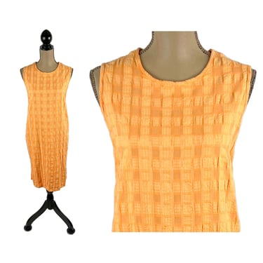 M-L 80s 90s Orange Gingham Summer Midi Dress, Seersucker Sleeveless Shift, Creamsicle Sundress Casual Clothes Women, Vintage RUSS BERENS USA 