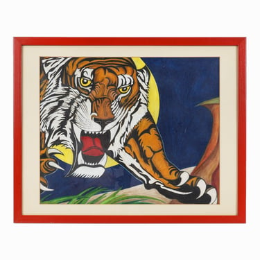 Tiger Pastels Painting on Paper Vintage 