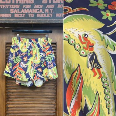 Vintage 1940’s Original Hula Girl Floral Tropical Rayon Hawaiian Swim Trunks Shorts, 40’s Vintage Clothing 