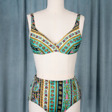 RARE vintage 60s Rose Marie Reid Floral Paisley Print Two-Piece Bikini Swimsuit Skirt Set 